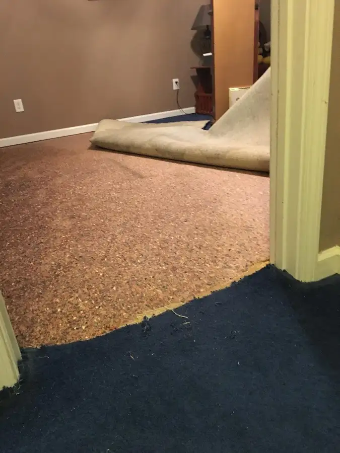 Carpet pad removal revealing water damage during Drying & Dehumidification in Laurens